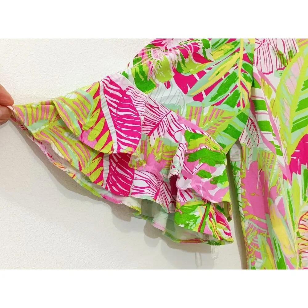 Pappagallo Women’s Oasis Shift Dress Flutter Sleeve Pink Green Tropical Beach L